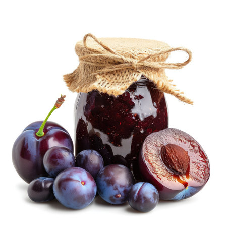 Explore the charm of plum marmalade in a jar, isolated on white. Ai Generated.の素材