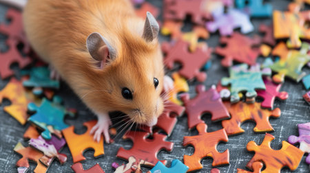 Adorable hamster enjoys puzzle play from a top view, showcasing intelligence with charm, Ai Generated.の素材