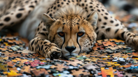 Adorable cheetah enjoys puzzle play from a top view, showcasing intelligence with charm, Ai Generated.の素材