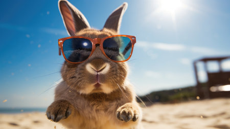 Enchanting close-up captures a rabbit's beach-bound joy, shades adding a touch of bunny chic, Ai Generated.の素材