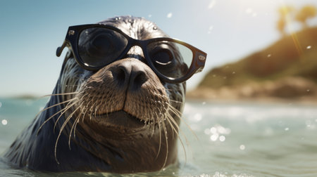 Charming close-up captures a seal's beach arrival, shades on, ready for sandy antics, Ai Generated.の素材