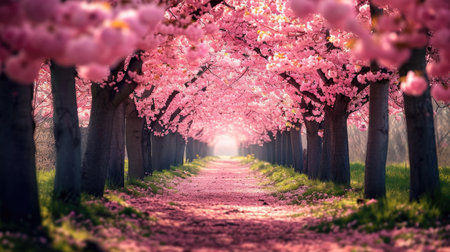 Tranquil and scenic, an alley immersed in Sakura cherry blossoms, a symbol of spring's allure. Ai Generated.の素材