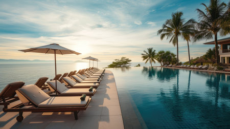 Poolside perfection with beach chairs, capturing the essence of luxury by the sea. Ai Generated.の素材