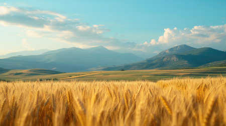 A picturesque scene of ripe wheat fields stretching endlessly against mountainous horizons. Ai Generated.の素材