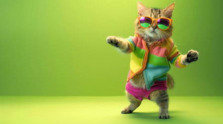 Colorfully dressed cat grooves to the beat wearing sunglasses against a green backdrop. Ai Generatedの素材