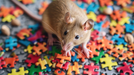 Little mouse and colorful jigsaw puzzle background. Close up of cute pet rat.の素材
