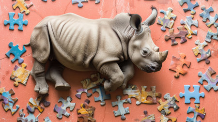 Cute rhinoceros with jigsaw puzzle on the floorの素材