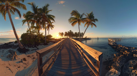 A sunrise panorama with a footbridge guiding to Smathers Beach, tranquil and serene. Ai Generated.の素材