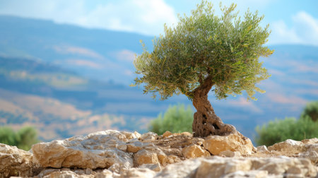 Olive tree takes root amidst rocky landscapes against the scenic backdrop of Palestine, embodying strength and perseverance. Ai Generatedの素材