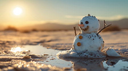 Unusual sight of a snowman melting amidst the desert's heat, symbolizing the clash of seasons. Ai Generatedの素材