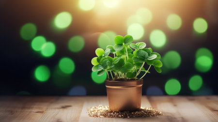 a potted green clover plant is highlighted against a bokeh light background, radiating natural beauty. Ai Generated.の素材