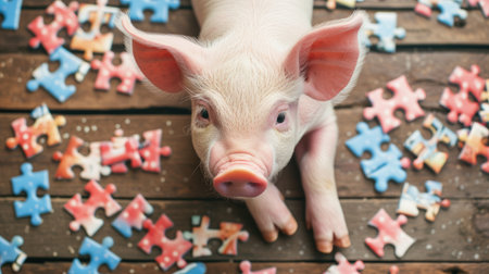 Charming pig enjoys a jigsaw puzzle from a delightful top-down perspective. Ai Generatedの素材