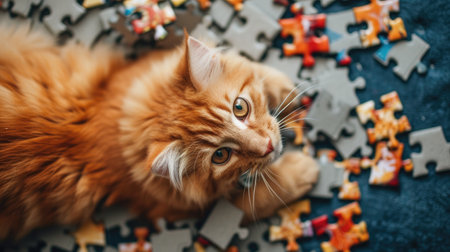 Adorable cat enjoys puzzle play from a top view, showcasing intelligence with charm, Ai Generated.の素材