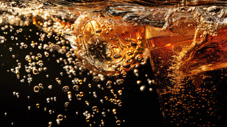 Vivid soda water bubbles create a dynamic splash against a black backdrop. Ai Generatedの素材