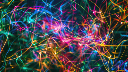 Vibrant neon fiber optic lines create an intriguing abstract texture. Ai Generatedの素材