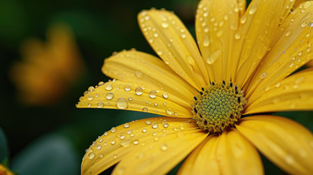 Captivating yellow daisy kissed by raindrops, a scene of freshness and charm in nature's exquisite palette. Ai Generatedの素材
