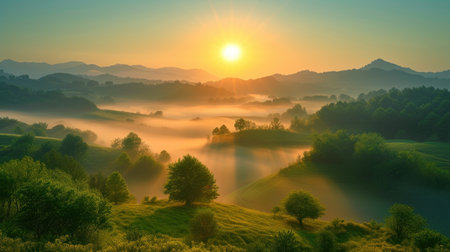 Vibrant sunrise ignites valley with enthusiasm and beauty, Ai Generated.の素材