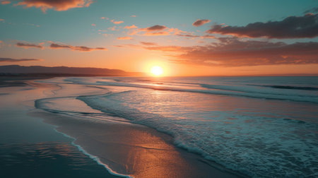 sun dips below the horizon, casting warm glow over ocean beach, Ai Generated.の素材