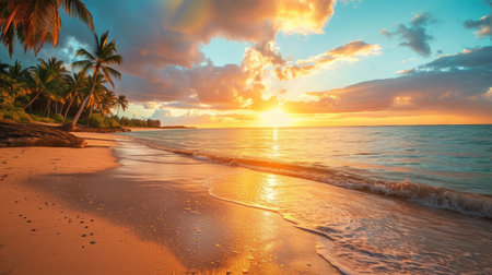tropical beach at dawn, kissed by the ocean's sandy shore. Ai Generatedの素材