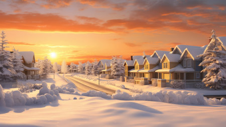 golden sunset paints suburban houses with warm hues, Ai Generated.の素材