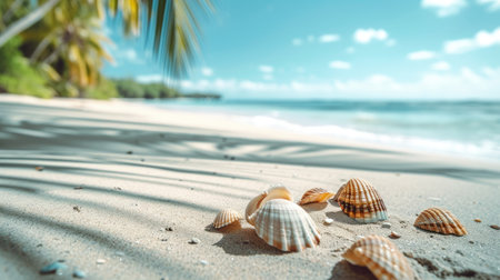 seashells scattered on a tropical beach's golden sands. Ai Generatedの素材