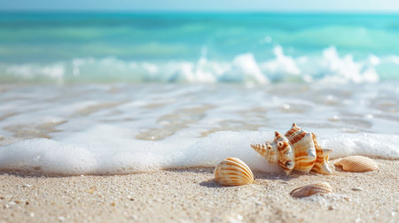 tropical sandy beach, rhythmic ocean waves, and scattered shells. Ai Generatedの素材