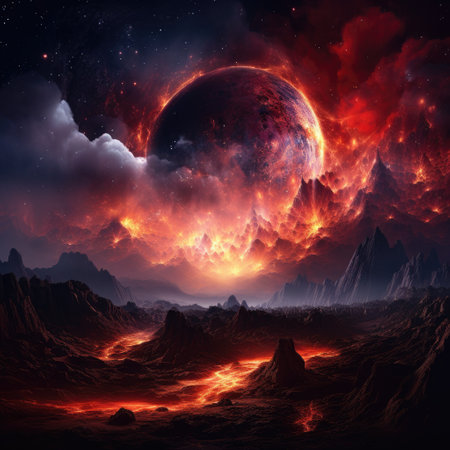 The cosmos showcases a surreal planet, its surface alive with flowing lava and dramatic volcanic activity. Ai Generated.の素材