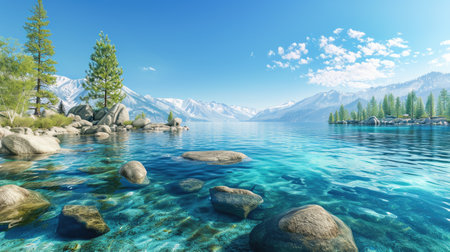 A sweeping panorama captures the beauty of Mountain Lake Tahoe, nestled amidst the towering peaks, Ai Generatedの素材