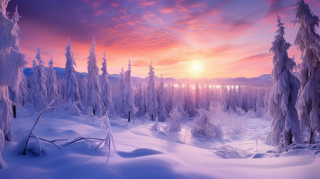 Capture the expansive beauty of winter with a panoramic view of a snow-covered forest, a breathtaking scene. Ai Generatedの素材