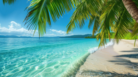 tropical beach vista under a palm's shade. Ai Generatedの素材