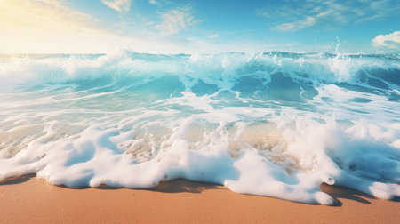 The beach comes alive as waves break, releasing their energy in a rhythmic dance. Nature's poetry. Ai Generatedの素材
