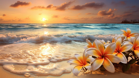 Golden hues of a sunset grace ocean waves and sandy shores, Ai Generated.の素材