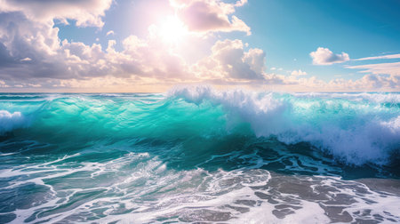 sandy beach kissed by turquoise waves, offering an ocean-view seascape landscape. Ai Generatedの素材