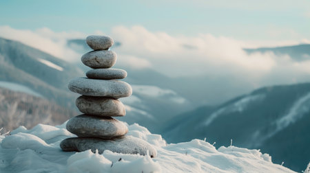 Amidst winter peaks, a stone tower stands, capturing the essence of tranquility in a yoga-themed setting. Ai Generated.の素材