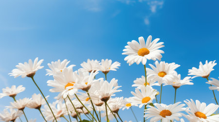 Bright sunshine kisses white daisies, casting a warm and inviting glow on this serene floral display. Ai Generatedの素材