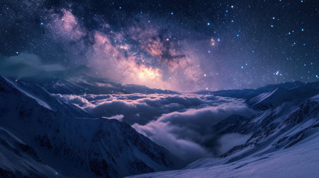 Breathtaking view of the Milky Way illuminating the night sky over majestic winter mountains, Ai Generatedの素材