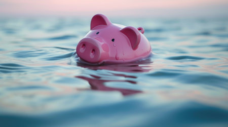 Piggy bank bravely floats in a buoy on the sea, symbolizing financial resilience against sinking, Ai Generated.の素材