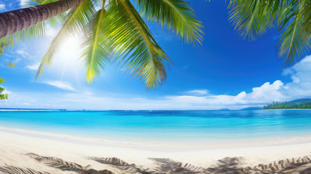 tropical beach vista under a palm's shade. Ai Generatedの素材