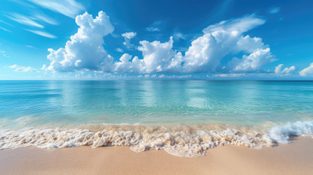Immerse yourself in the stunning tropical beach panorama, where golden sands meet crystal-clear waters. Ai Generatedの素材