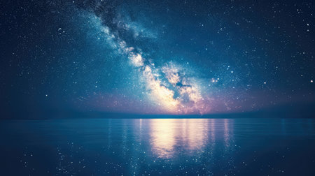 Serene and enchanting scene of the Milky Way galaxy arching over the sea, Ai Generatedの素材