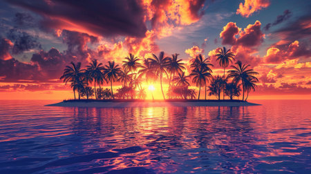 tropical island featuring pristine beaches and lush palm trees. Ai Generatedの素材
