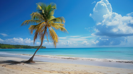 Against the backdrop of a tropical beach, a solitary palm tree sways gently, Ai Generatedの素材