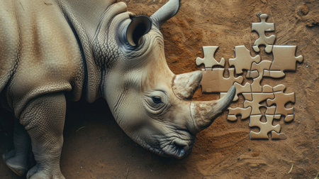 Playful rhino tackling a challenging jigsaw puzzle, Ai Generated.の素材