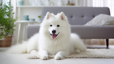 Adorable Samoyed lying comfortably on a white carpet, Ai Generated.の素材