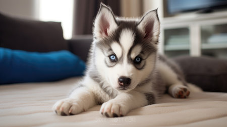 Adorable Siberian Husky lying comfortably on a white carpet, Ai Generated.の素材