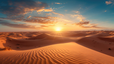 Majestic Sahara Desert panorama at sunset captivates with its vast beauty. Ai Generatedの素材