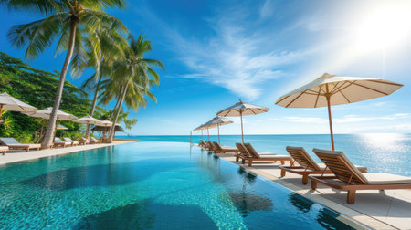 Serene beachside scene featuring a luxurious pool, palm trees, sea, and clear blue sky. Ai Generatedの素材