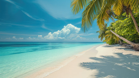 palm-fringed empty beach caressed by turquoise sea. Ai Generatedの素材
