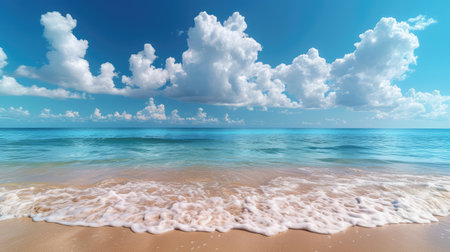Immerse yourself in the stunning tropical beach panorama, where golden sands meet crystal-clear waters. Ai Generatedの素材