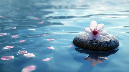 Harmonious blend of nature and design: a flower atop a water-caressed stone. Pure tranquility. Ai Generatedの素材